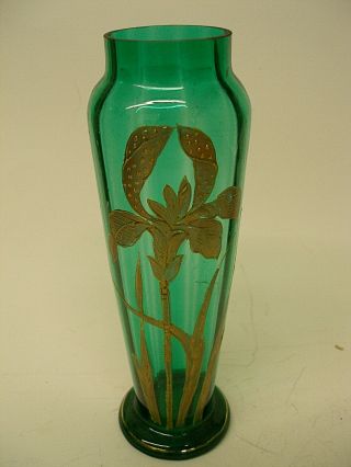 Antique Moser Emerald Green Glass Vase Raised Gold Gilt Iris 19th Century 8.  5 "