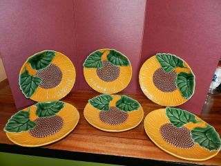 Vtg Bordallo Pinheiro 8 " Majolica Sunflower Plates Set 6: Pristine Cond.  A,