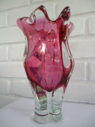Murano Large Glass Vase Pink Cranberry & Clear Vintage