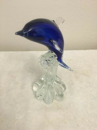 Large Murano Glass Cobalt Blue Dolphin On Wave Statue