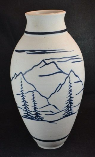 Touchstone Pottery Jim Schneider Vermont Tall Vase Dark Blue Trees Mountains 12