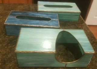 2 Teal Blue And 1 Blue Leaded Stained Glass Kleenex Vintage Tissue Box Covers