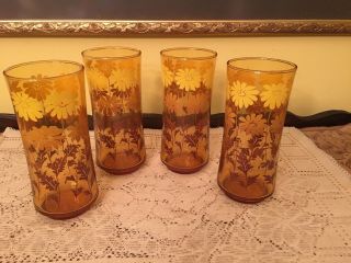 Four (4) Retro Libbey Drinking Amber Glasses With Yellow & White Daisy Flowers