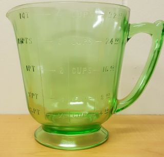 Measuring Cup Pitcher Footed Depression Glass Green 4 Cups 1 Quart 32 Oz.