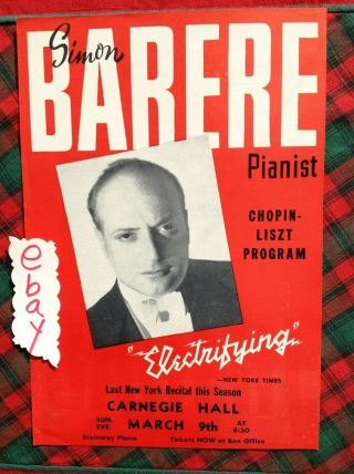 1947 Simon Barere Carnegie Hall Flyer York City Box D Handbill Vgc