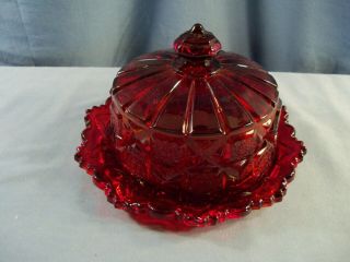 Htf Westmoreland Old Quilt Ruby Red Glass Covered Round Butter Cheese Dish