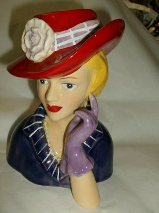 Vintage Lady Head Vase Planter Large Red Hat/blue Jacket Pearls