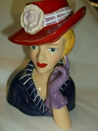 Vintage Lady Head Vase Planter Large Red Hat/Blue jacket pearls 2