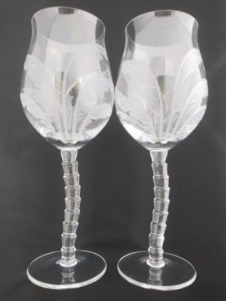 Crystal Wine Glasses Etched Palm Trees Coastal Gorgeous Tall Pre Owned