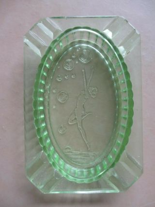 Green Vaseline Depression Glass Art Deco Ash Tray Ashtray With Nude Woman Figure