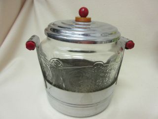 Royal Lace Cookie Jar In Art Deco Metal Holder With Bakelite Knob And Handles