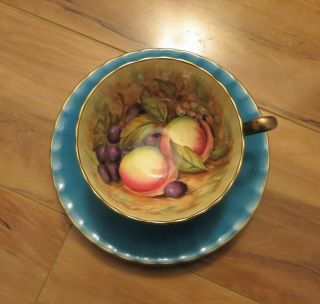 Aynsley Signed D Jones Turquoise Hand Painted Orchard Fruit Tea Cup & Saucer Set