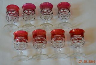 Set Of 8 Vintage Kings Crown Ruby Red Clear Thumbprint Cognac Cordial Glasses