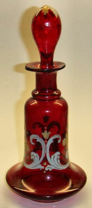 Antique Victorian Bohemian Ruby Glass Bell Decanter With Enamel & Gilt Detail