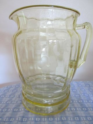 Vintage Yellow Princess Depression Glass Pitcher Etched Flowers Lemonade