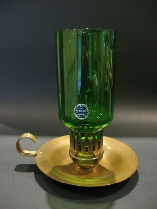 Vintage Cavalier Emerald Glo Green Glass Brass Candle Holder National Silver Co