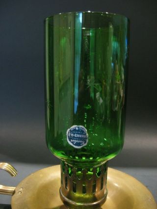 Vintage Cavalier Emerald Glo Green Glass Brass Candle Holder National Silver Co 2