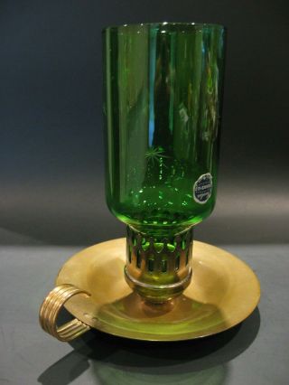 Vintage Cavalier Emerald Glo Green Glass Brass Candle Holder National Silver Co 3