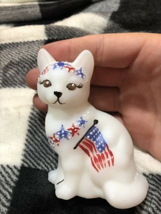 Fenton White Satin Glass Patriotic Labor Day Cat Figurine Hand Painted Signed