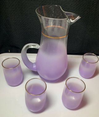 5 Pc.  Vtg Blendo Cocktail Pitcher Frosted Purple Lavender Set Juice Glasses