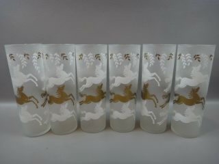 Set Of 6 Libbey Frosted Tom Collins Cavalcade Glasses White & Gold Horses 7 "