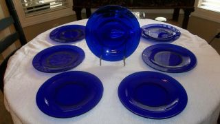 Set Of 8 Vintage Cobalt Blue Glass 12 " Dinner Plates