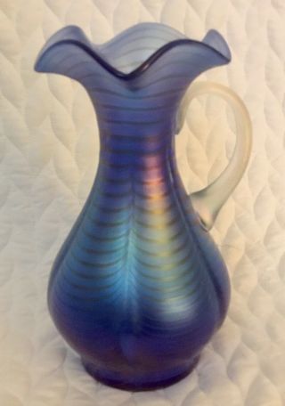 Vintage Hand Blown Murano Art Glass Pitcher In Blue With Brown Stripes