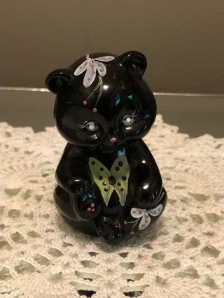 Fenton Glass Bear Cub Black Hand Painted Flowers Figurine Signed 2 3/4”