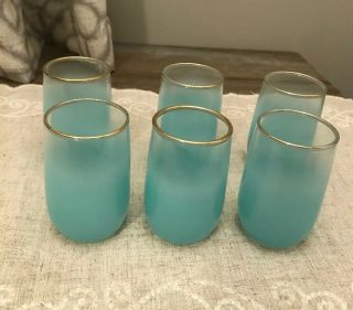 Set Of 6 Vintage Blue Blendo Small Juice Glasses Frosted W/ Gold Rim