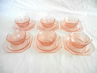 6 Pink Mayfair Open Rose Cups & Saucers - Hocking Depression Glass
