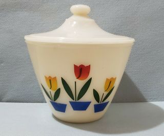 Vintage Anchor Hocking Fire King Tulips Milk Glass Grease Jar With Lid