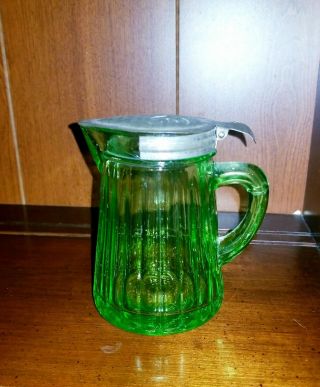 Green Depression Vaseline Glass Syrup Pitcher With Metal Spring Lid Rare