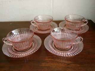 Antique Depression Glass Set 4 Saucers & Cups 1936 - 49 Pink Queen Mary By Hocking