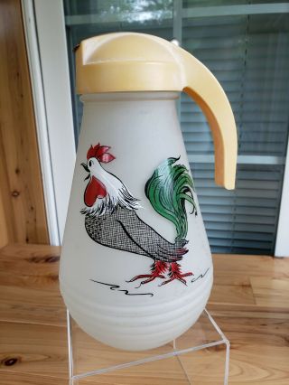 ☆vtg Hazel Atlas Frosted Glass Rooster Hand Painted Syrup Pitcher☆h80