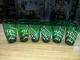 Vintage (6) Forest Green Lily Of The Valley Glasses Tumblers
