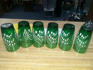 VINTAGE (6) FOREST GREEN LILY OF THE VALLEY GLASSES TUMBLERS 2