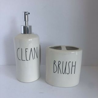 Rae Dunn Bathroom Set Of 2 Soap Pump Dispenser & Brush Holder 2019
