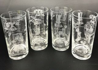 Vintage Set Of 4 Etched History Of Telephone Phone Glass Tumblers 5 1/2 " Tall