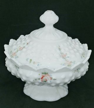 Fenton Milk Glass Hobnail Hand Painted Signed Covered Candy Dish Pink Roses