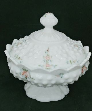 Fenton Milk Glass Hobnail Hand Painted Signed Covered Candy Dish Pink Roses 2