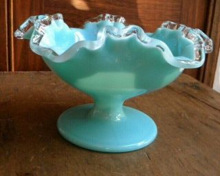 Vtg Fenton Turquoise Silvercrest Ruffled Pedestal Glass Dish Compote