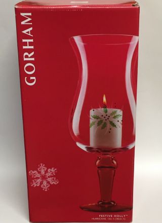 Gorham Festive Holly Hurricane 15 " Christmas Glass Candle Holder