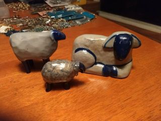 Set 3 Vintage David Eldreth Salt Glaze Pottery Sheep Animal Figurines 2001