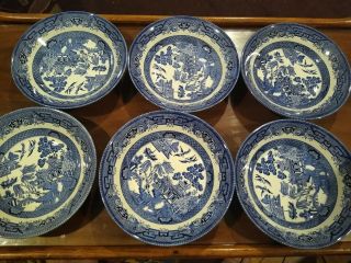 8vintage Churchill England Blue Willow Porcelain 8” Round Soup Salad Bowls