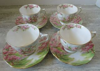 Set Of 4 Royal Albert Porcelain Blossom Time Cups & Saucers