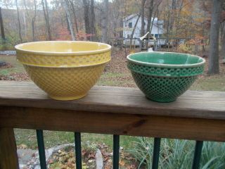 Vintage Pair Yellow & Green Stoneware Yellow Ware Checkerboard Mixing Bowls