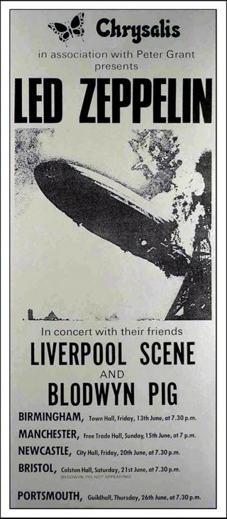 Led Zeppelin 1969 British Tour Poster Interesting Reprint Chrysalis Peter Grant