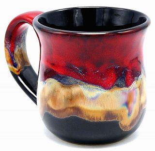 Studio Art Pottery Ceramic Coffee Mug Cup Red Brown Drip Glaze Over Black 14 Oz