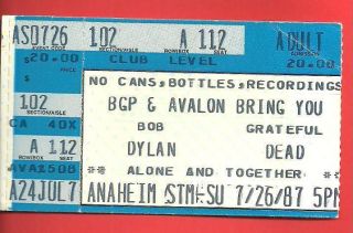 Bob Dylan & Grateful Dead Ticket Stub Anaheim Stadium 7/26/1987 Jerry Garcia