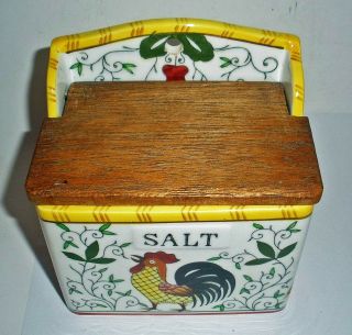 Vintage Ucagco PY Rooster Roses Salt Box Wooden Top 2